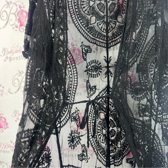 Black Lace cardigan Kimono Cardigan long crochet mesh boho flowy coverup - Picture 6 of 8